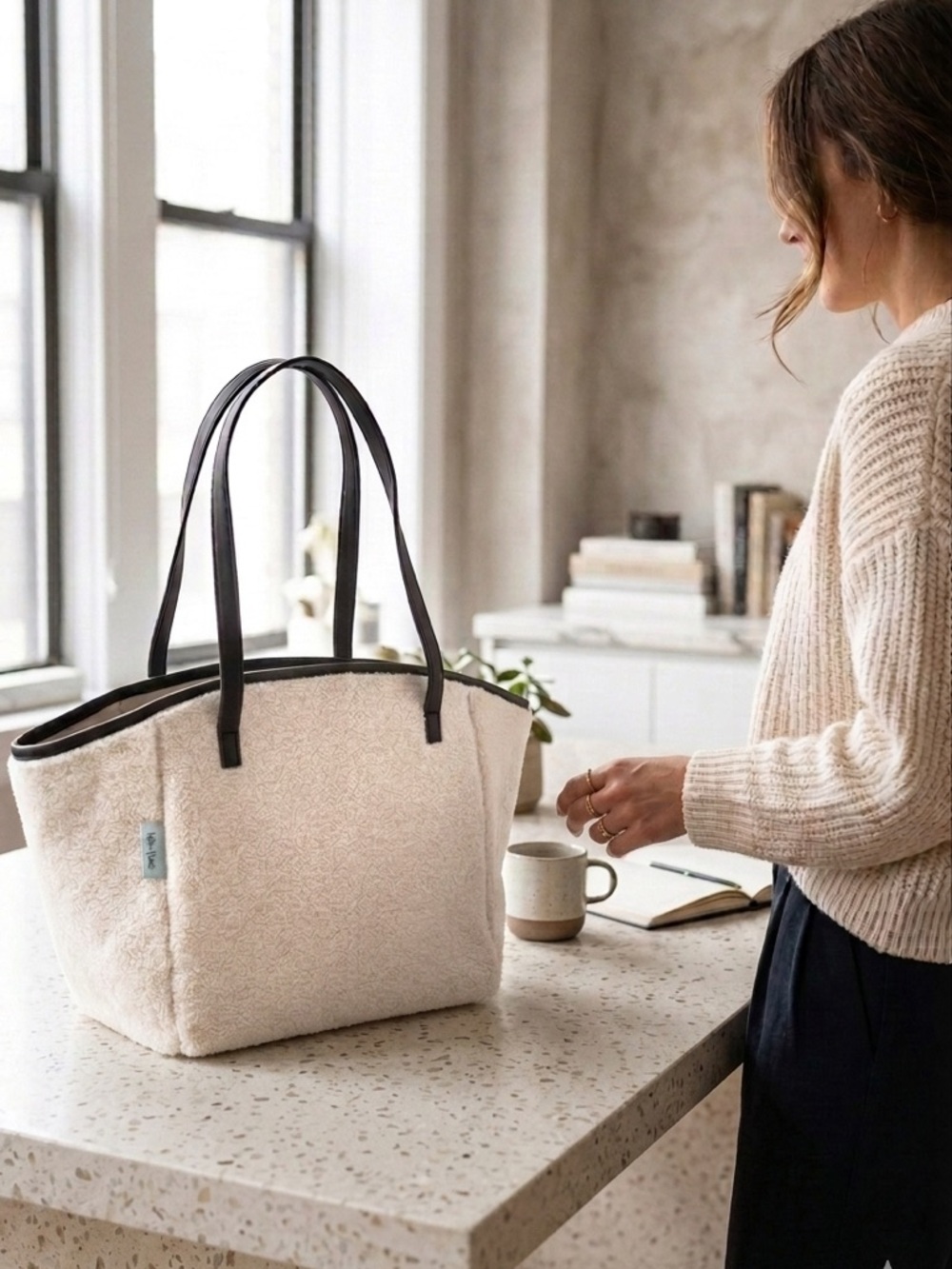 Neiman Marcus Cream Sherpa Shoulder Tote with Black Trim and lightweight